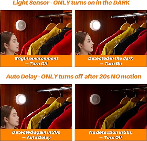 Miniatura 4 de STAR-SPANGLED Paquete de 3 luces con sensor de movimiento de 3.1 pulgadas para interiores, funciona con pilas AA, luz LED de disco para armario,