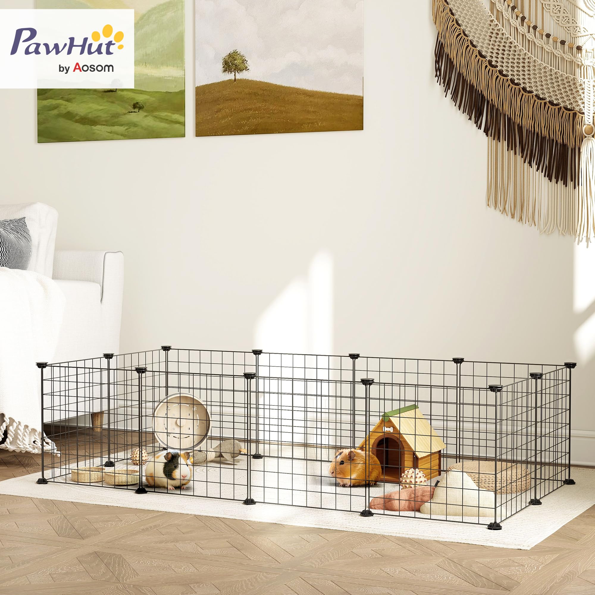 PawHut Recinto per Cuccioli e Piccoli Animali Modulabile in Metallo e PP, 12 Pannelli da 35x35cm Nero