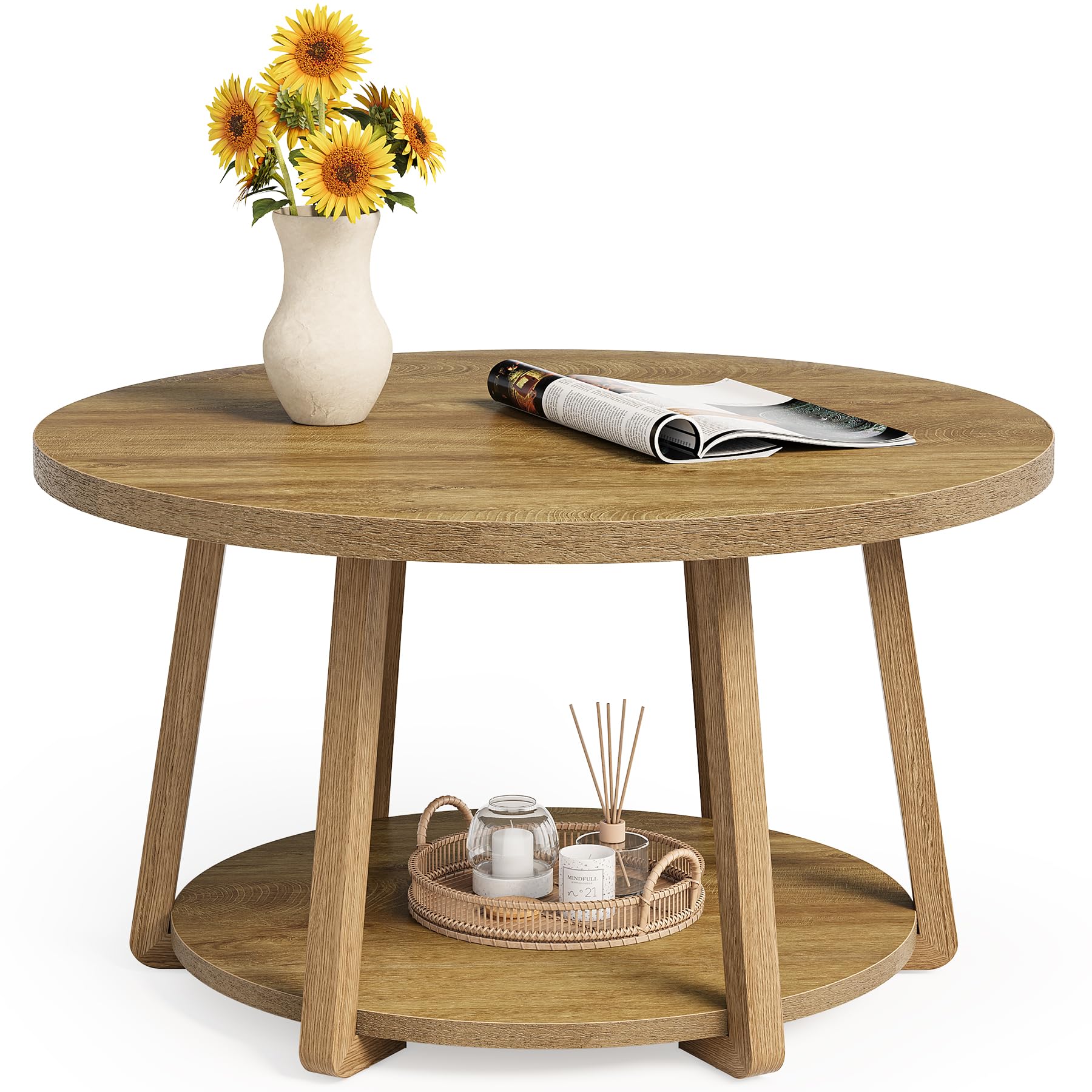 Tribesigns 80 cm Mesa de Centro Redonda con Espacio de Almacenamiento, Mesa de salón de Dos Niveles con Patas de Madera, fácil de Montar, para salón, Espacios pequeños, hogar - Roble