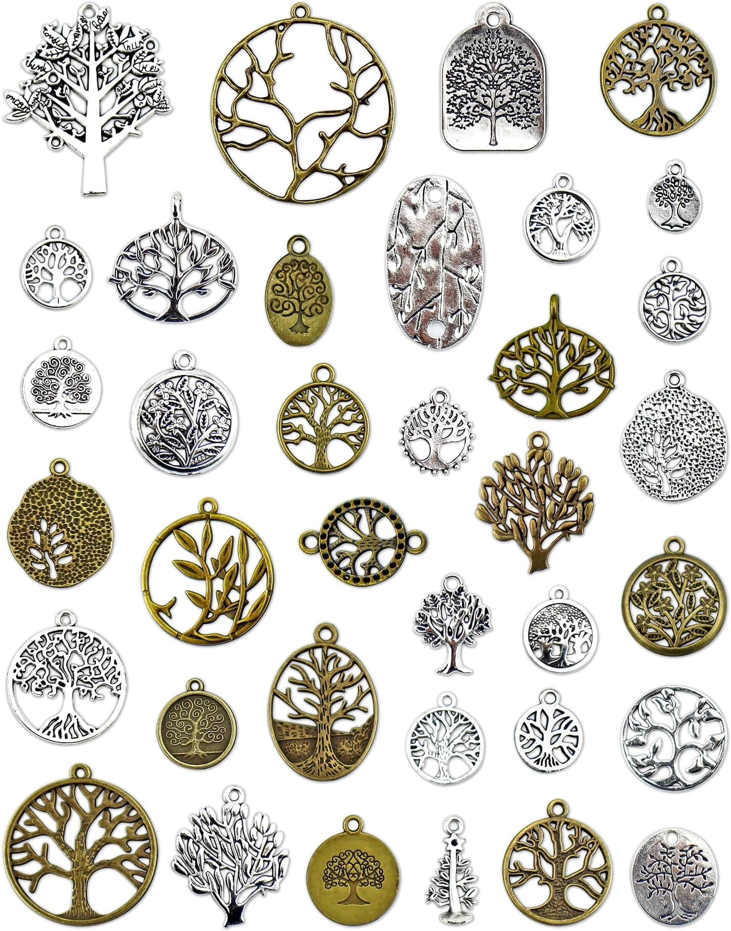 JIALEEY 35 PCS Mixed Tree of Life Charms Pendents DIY for Necklace Bracelet Jewelry Making and Crafting, Antique Silver&Bronze Tones