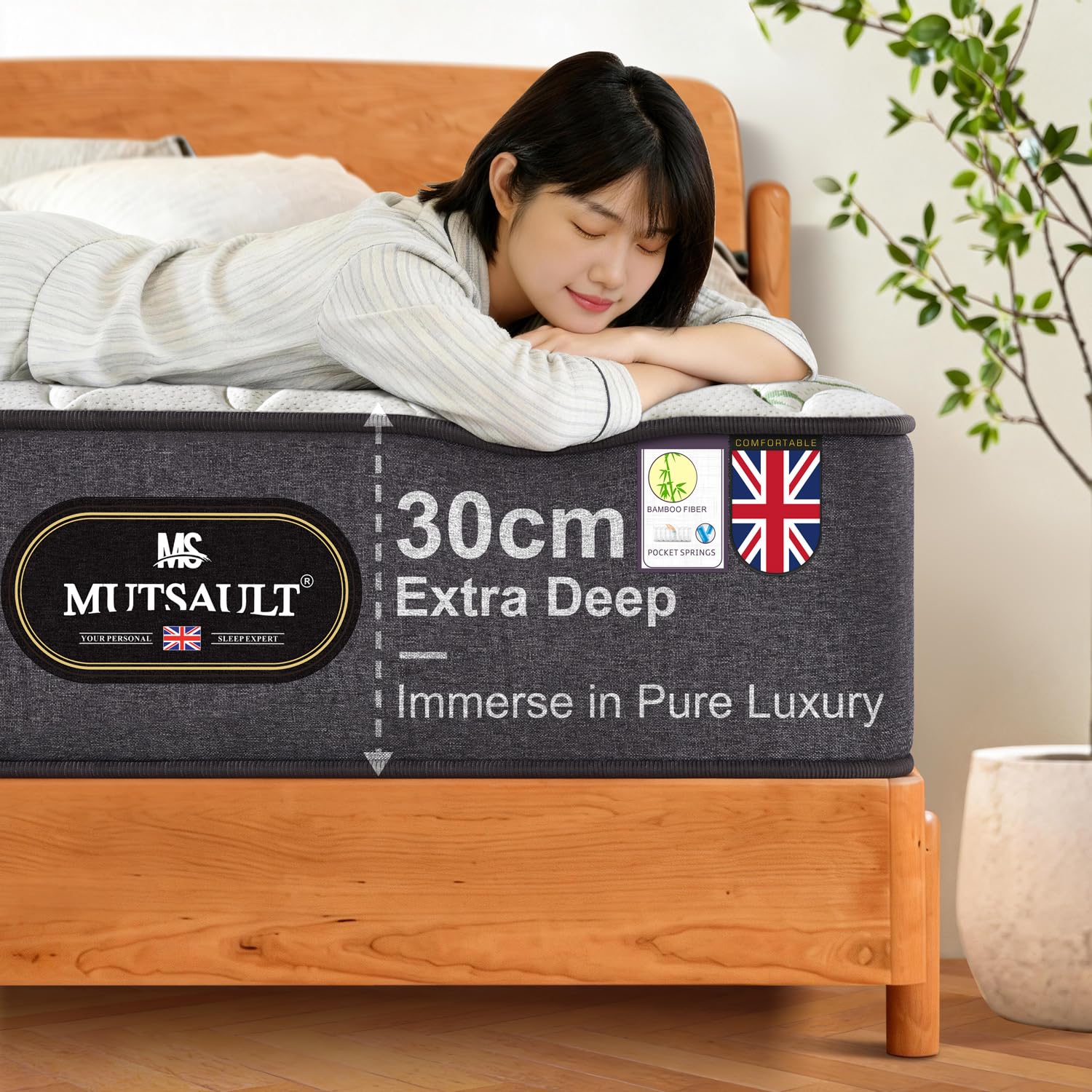 Mutsault Small Single Mattress 2FT6, Hybrid Pocket Sprung Mattress with Memory Foam & Bamboo Fibre Cover, 5-Zone Orthopaedic Support for Back Pain Relief, Medium Firm, 30cm Deep 75 X 190 cm