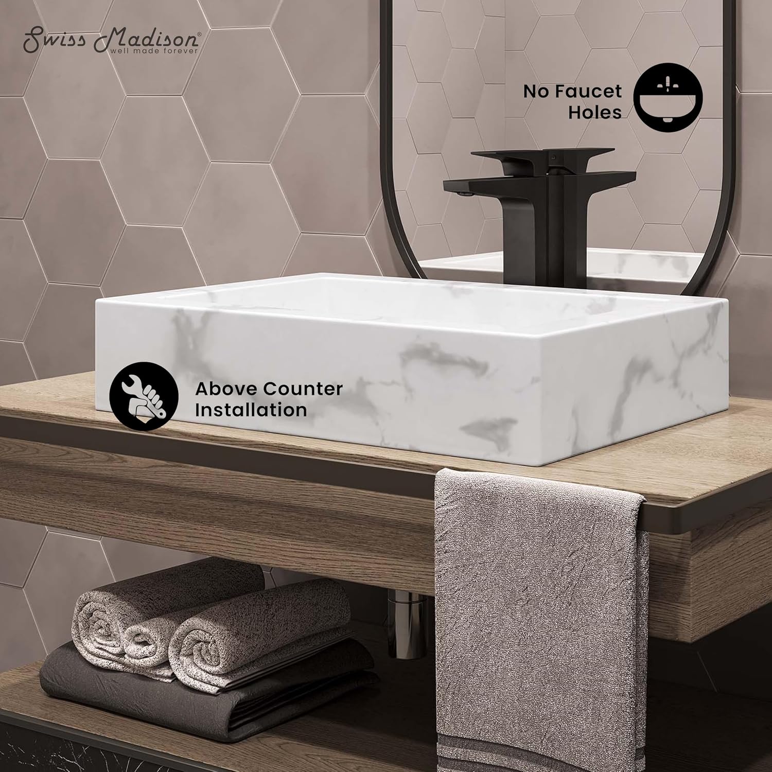 Voltaire 22" Ceramic Vessel Bathroom Sink, White Marble