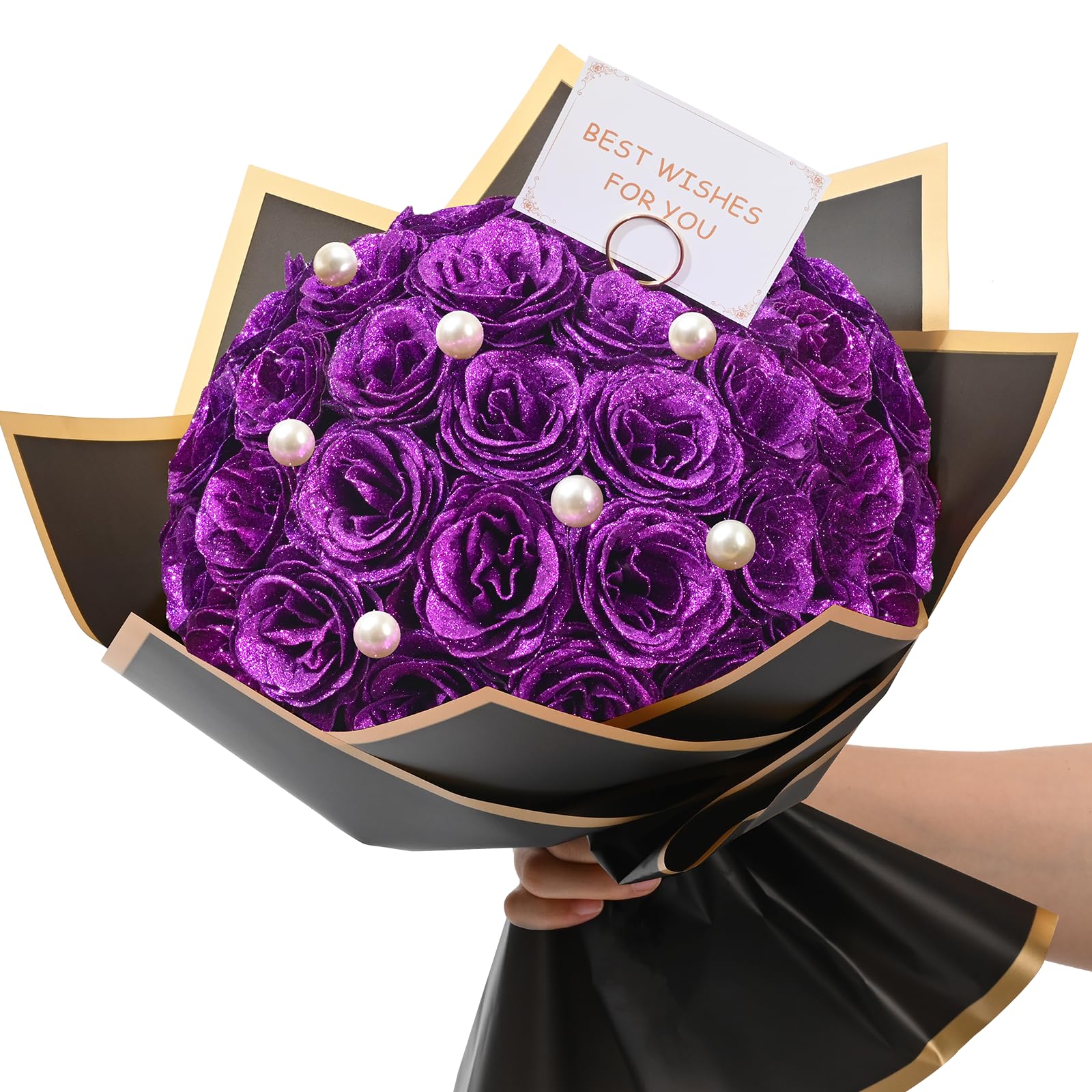 Waipfaru Glitzer Rosen Blumenstrauß, DIY gefälschter Blumenstrauß, Immerwährend Glänzend Künstlicher Rosenstrauß für Valentinstag, Jahrestag,