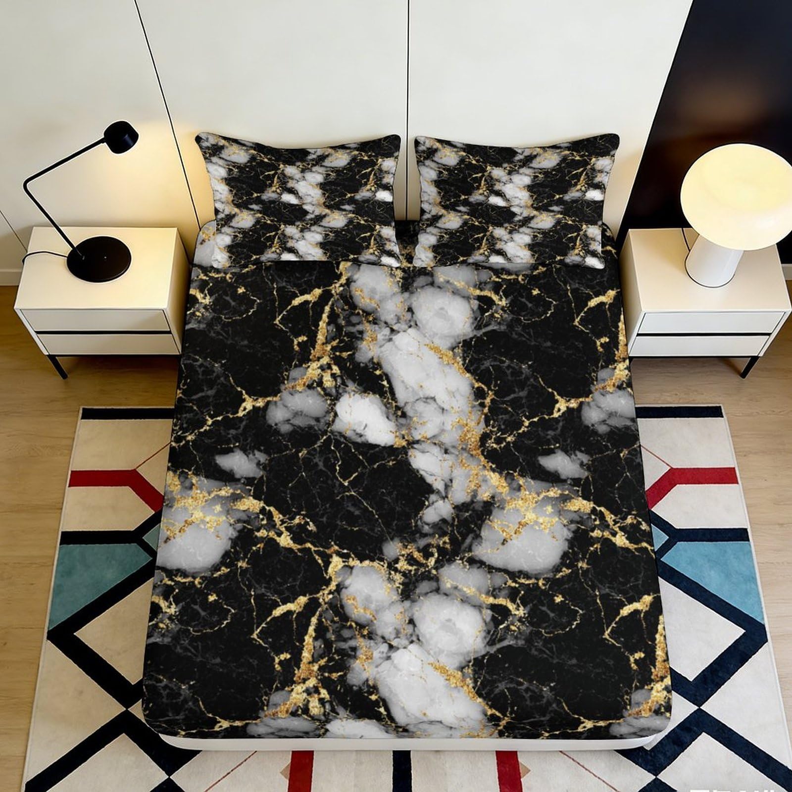 3D Printed Black Marble Fitted Sheet Microfiber Soft Breathable White Gold Vein Mattress Cover for Bedroom Guestroom Decor 90x200x25cm