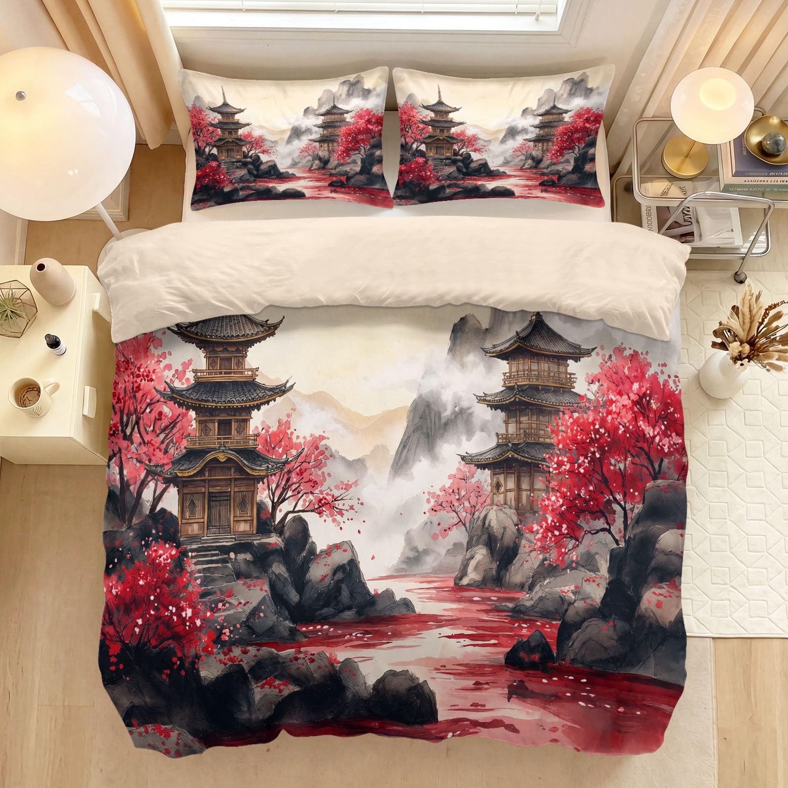 Housse de couette 3 pièces floral montagnes parure de lit 220x240 avec taies 65x65 cm