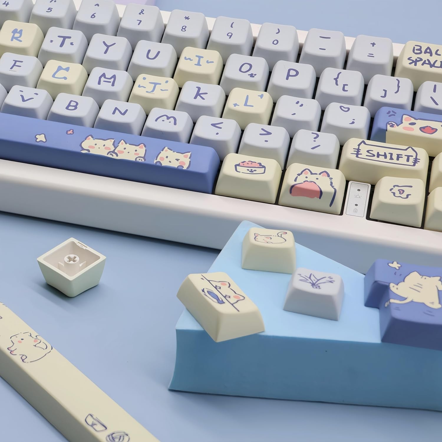 Cat Cute Keycaps MDA Profile Custom PBT Blue Kitty Keycap for Mechanical Keyboard,148 Keys Dye-Sub Cute Keycaps (Blue Kitty)