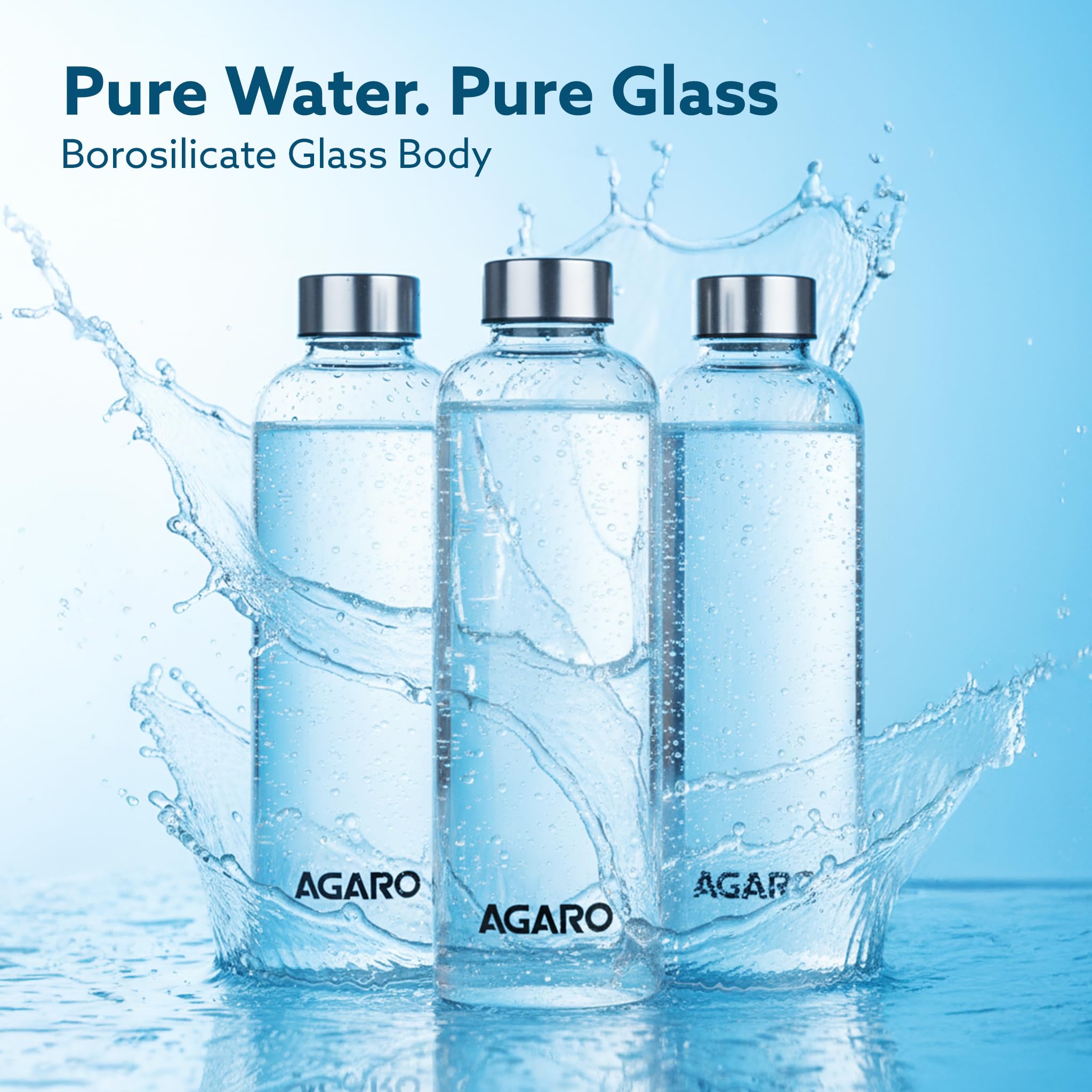 AGARO Elite Borosilicate Glass Water Bottles, Pack of 3, 1000ml Capacity Each, Microwave & Freezer Safe, Leak Proof & Airtight Lid, Scratch Resistant, Transparent. — Amazon image 2