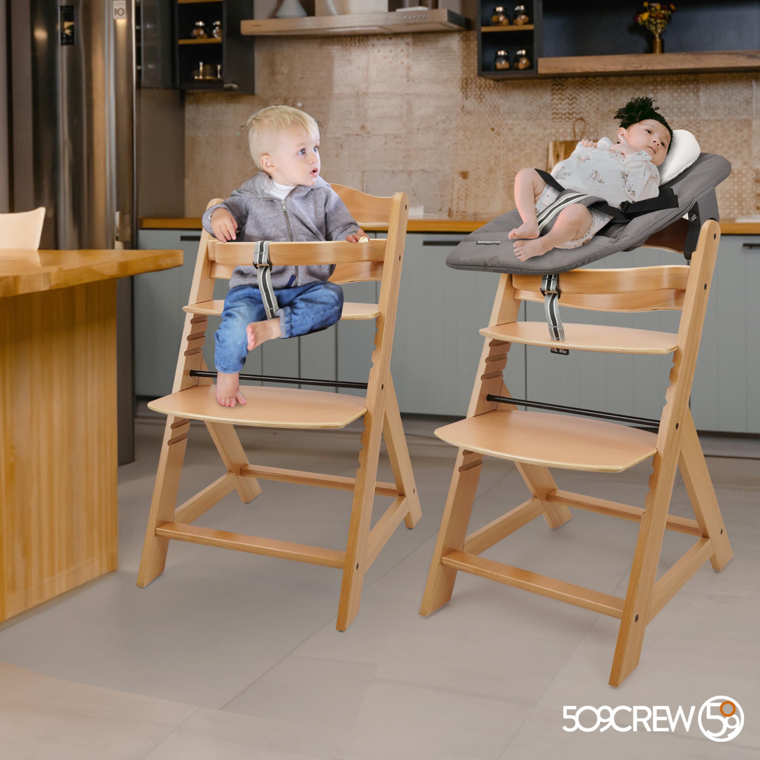 509 Crew Sun Wooden High Chair Grow Up Set from New Born Up to 90kg, Baby High Chair Include New Born Seat, Pillow Cushion, Color Natural Charcoal