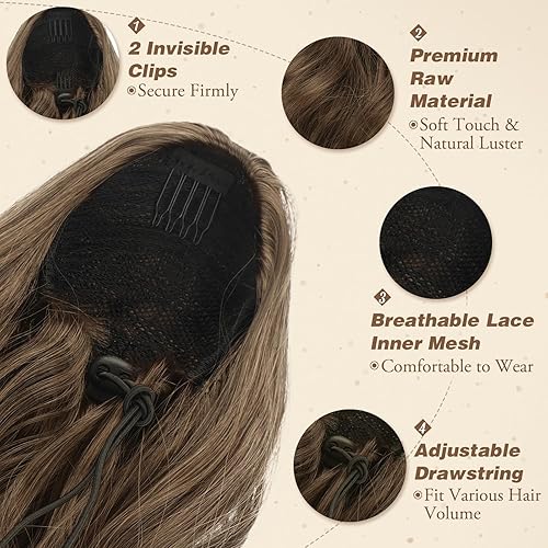 Miniatura 4 de BARSDAR Cola de caballo corta ondulada con cordón, extensiones de cabello sintético de 16 pulgadas con clip, mezcla de marrón ceniza