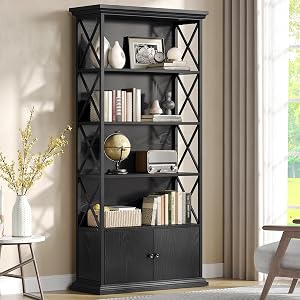 GOLDDAY 5-Tier Tall Bookcase with Doors, 174 cm Industrial Bookshelves with Cabinet, Floor Standing Display Storage Shelves with Metal Frame, for Home Office, Living Room, Black