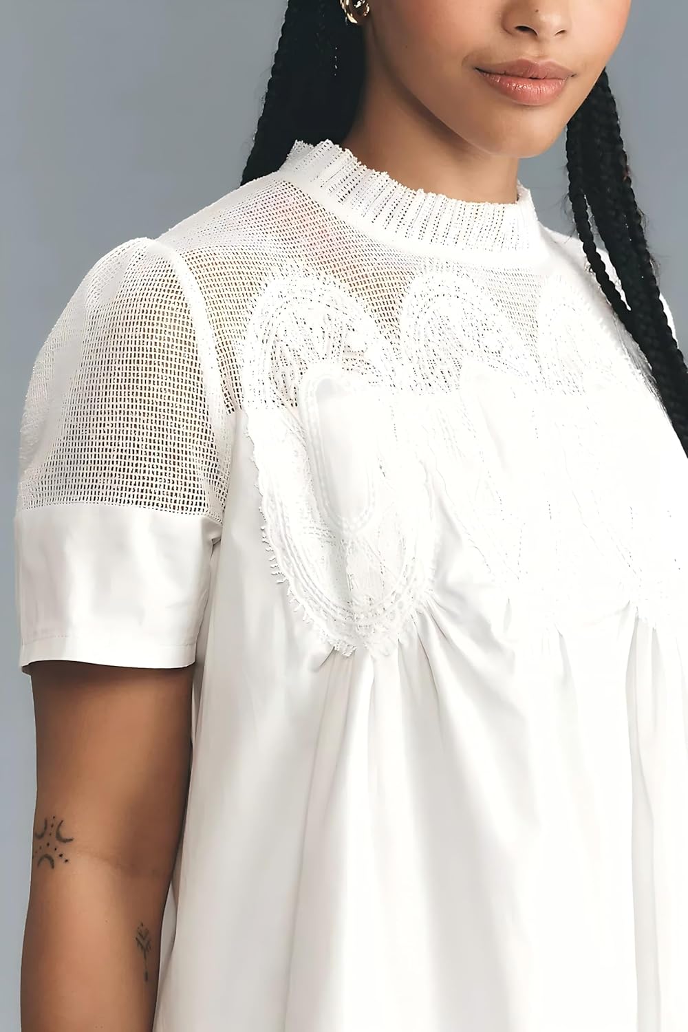 VAOYIU Women Crochet Lace Mini Dress Round Neck Short Sleeve Sheer Mesh Clothing Casual Outfits with Lace Back Design - Image 2