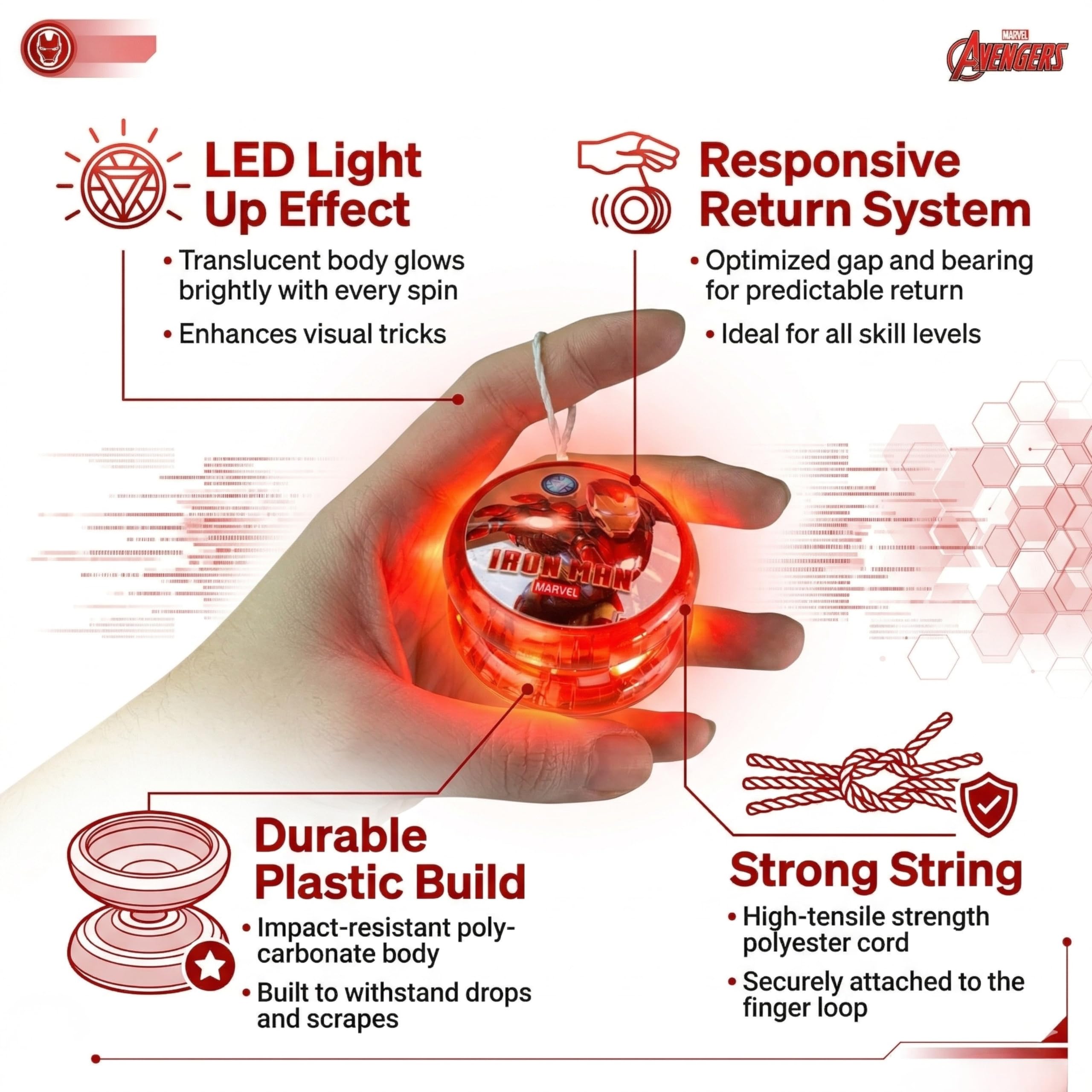 2Pcs Avengers Ironman Kids Light Up Yoyo Toy 5.5cm, Beginner Responsive Yo-Yo with LED Lights, Strong String Trick YoYo - Image 5