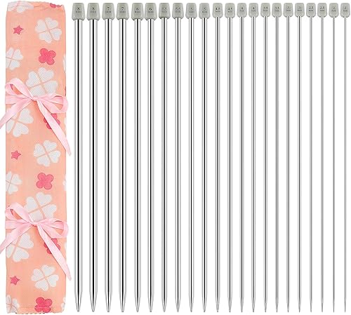 Miniatura 1 de Hysagtek Juego de 22 agujas de tejer, de acero inoxidable de 14 pulgadas, rectas, de una sola punta, kit de punto de metal en diferentes tamaños,