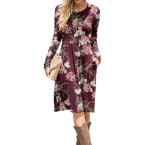 DB MOON Women Casual Long Sleeve Dresses Empire Waist Knee Length Loose Dress with Pockets