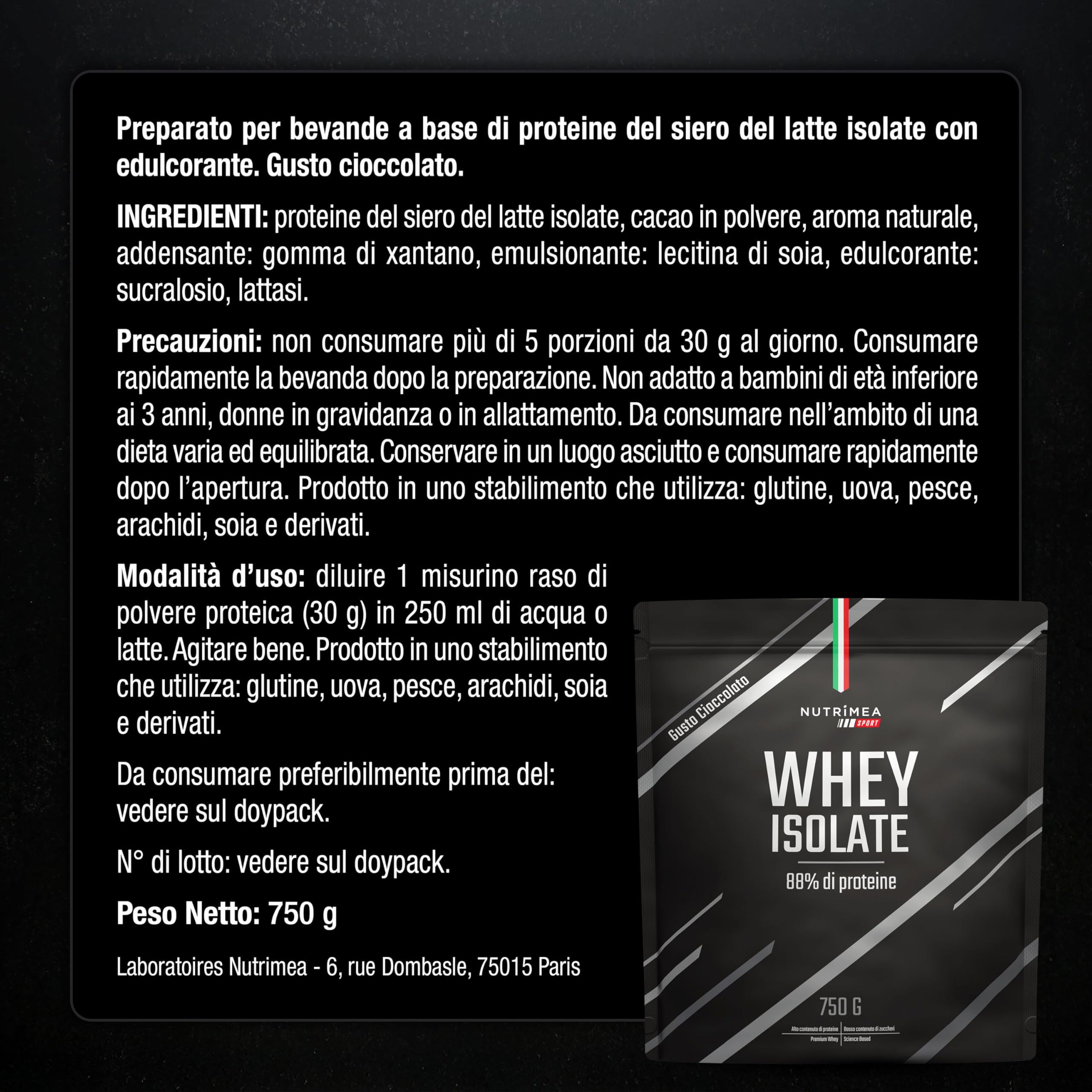 Proteine Whey in Polvere | Gusto Cioccolato | Crescita e Recupero Muscolare | BCAA e EAA | 750 g | 30 Dosi | Nutrimea