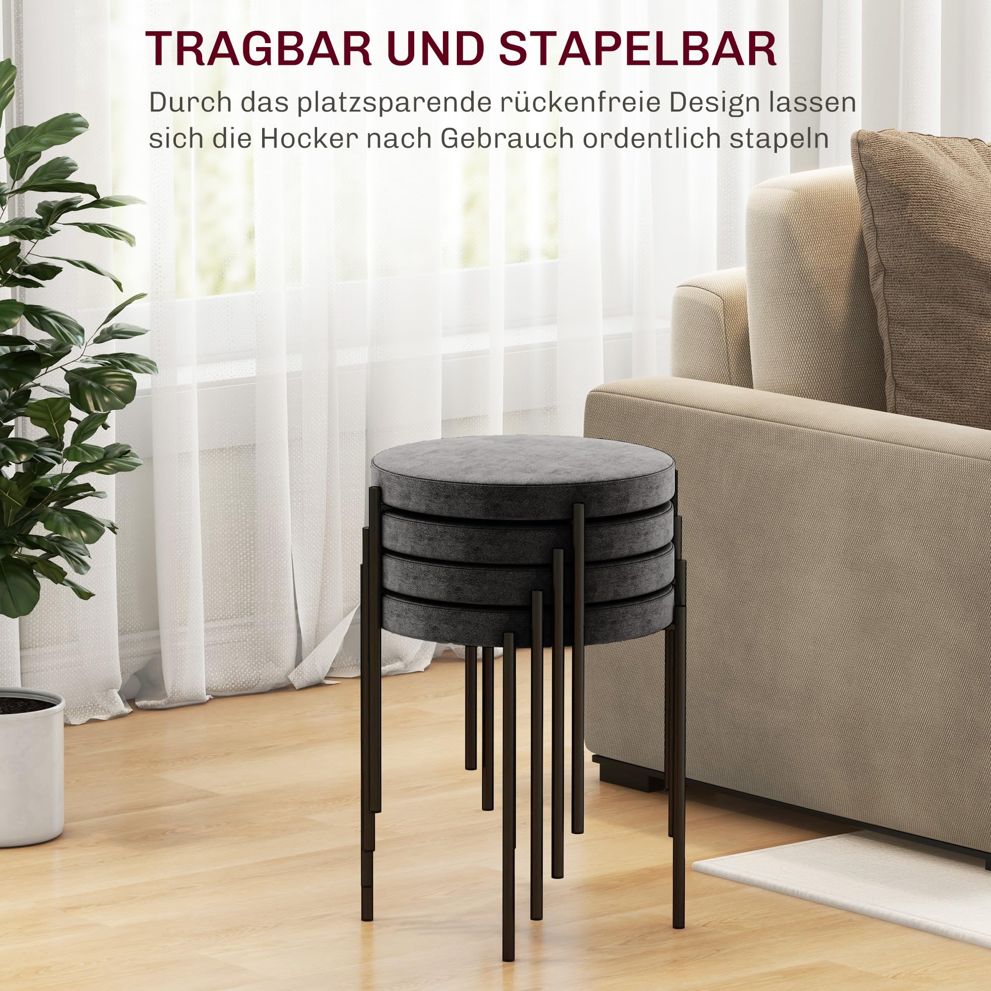 HOMCOM Lot de 4 tabourets de Salle à Manger empilables en métal avec Aspect Velours - pour Salle à Manger, Salon - Gris foncé
