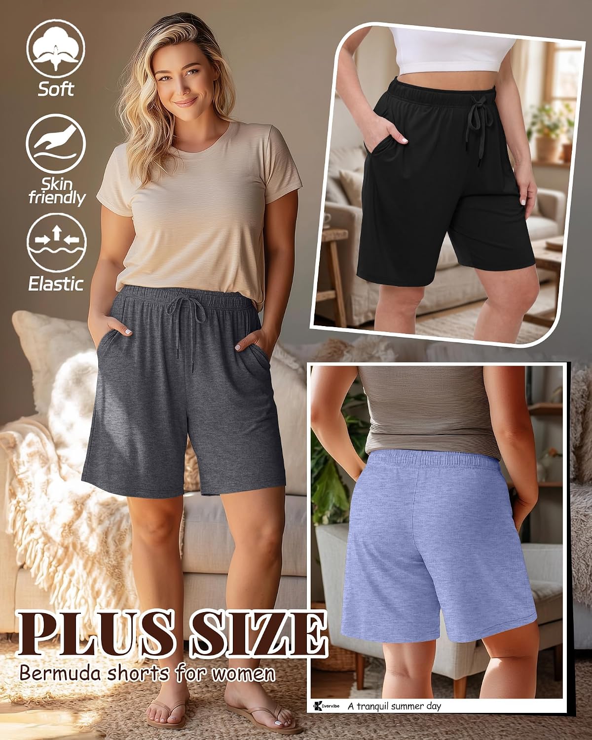 Evervibe 3 Pack Plus Size Bermuda Shorts for Women Comfy Loose Casual Drawstring Sweat Pants with Pockets XL-5XL