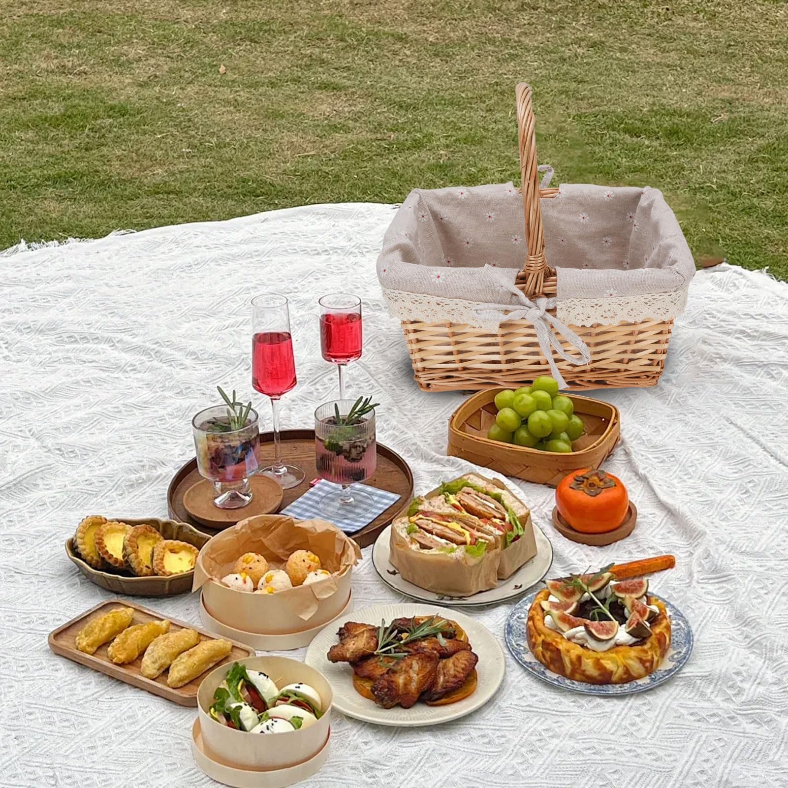 Yosoo Health Gear Canasta de Picnic de Mimbre, Sacos de Almacenamiento con Revestimiento de Lino Desmontable y Mango de Confort para la Cosecha de Jardín de Campamento, 25x19x13 Cm (Margarita)