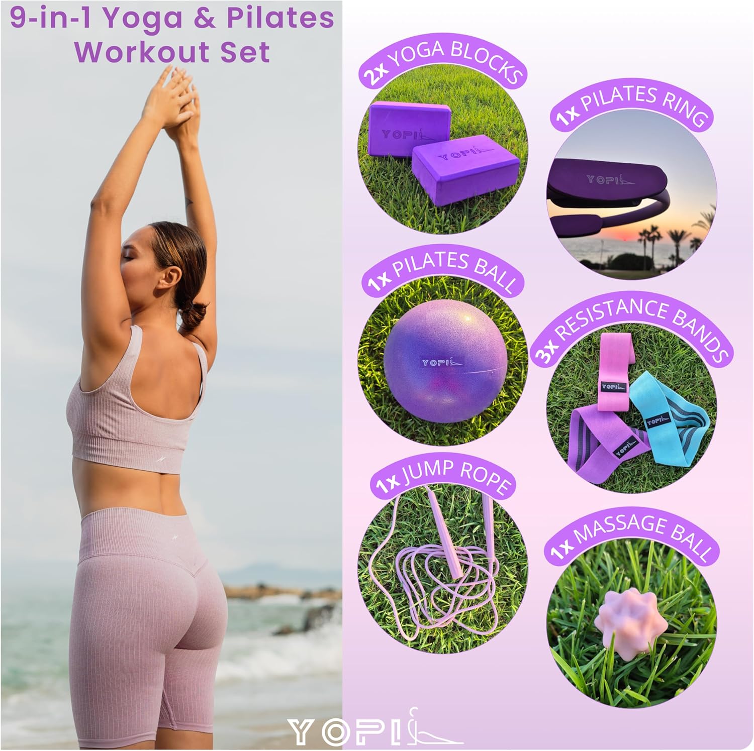 Yoga & Pilates Kit for Women – 9-in-1 Home & Studio Fitness Set with Yoga Blocks, Pilates Ring, Resistance Bands, Pilates Ball & More – Pink & Purple Workout Essentials for Yoga, Pilates & Stretching