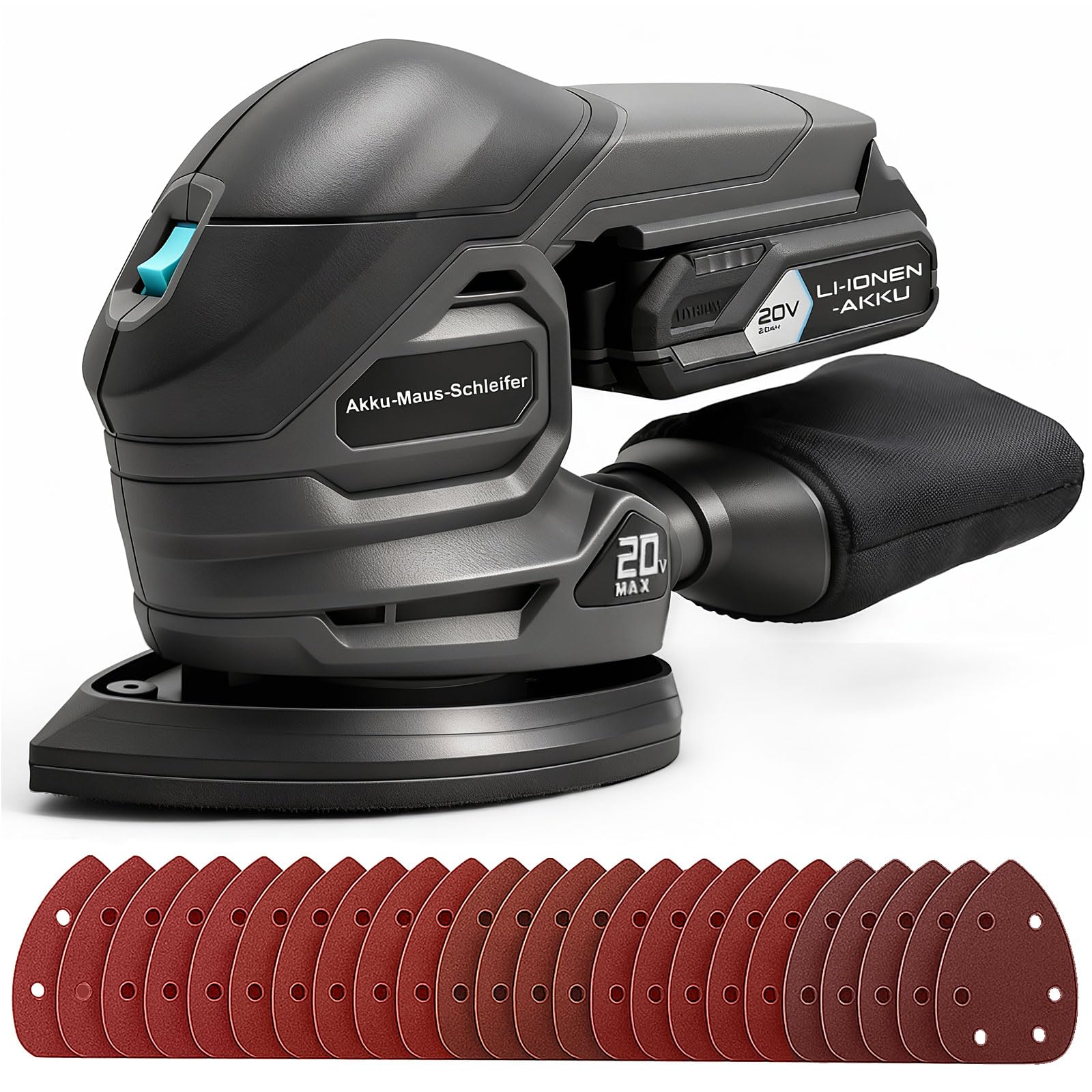 20V Akku Deltaschleifer, Multischleifer, 12000 U/min, Mini Schleifmaschine mit Staubfangbeutel, 20 Schleifpapiere, ergonomischem & 2,0Ah Akku mit Ladegerät, Schwingschleifer für Holz & Wände