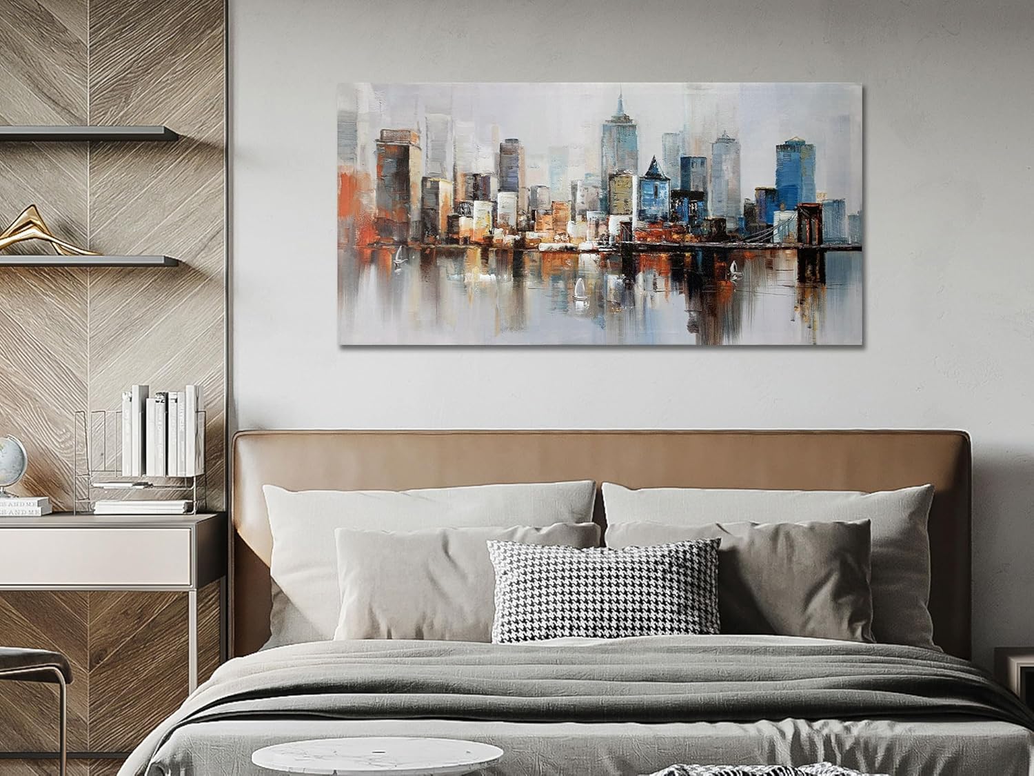 Arjun Brooklyn Bridge Wall Art Modern New York City Abstract Canvas Cityscape Painting Large Size Framed, Colorful NYC Skyline Textured Picture for Living Room Bedroom Home Office Wall Decor, 40"x20"