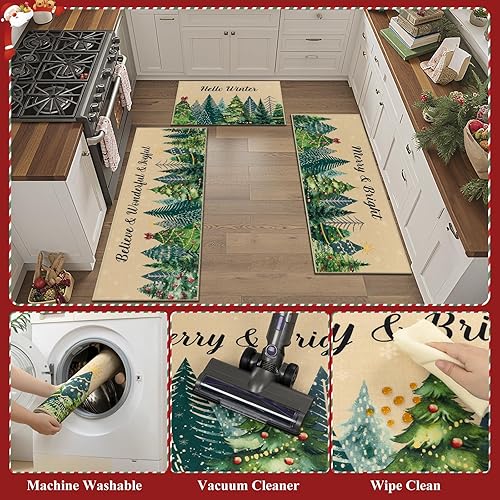 Miniatura 6 de Ileading Juego de 3 alfombras de cocina de Navidad, alfombras de Navidad lavables para cocina, alfombras y tapetes de cocina antideslizantes, juego