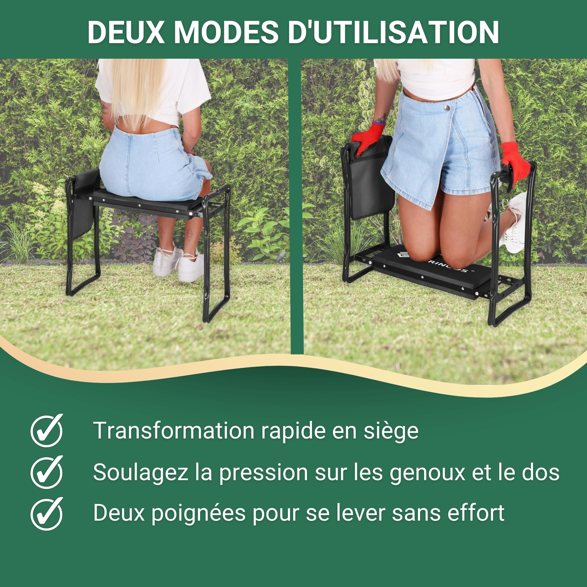 SPRINGOS Tabouret de jardin pliable 3 en 1 - Repose-genoux et tabouret avec sac à outils - Support ergonomique pour le jardinage - Stable et résistant aux intempéries - Noir