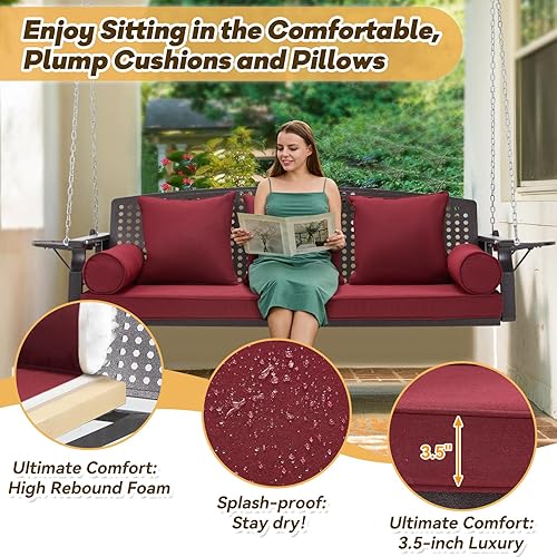 Miniatura 4 de Columpio de porche de 3 asientos, banco de columpio para patio con portavasos y 3 cojines de respaldo, silla columpio con cadenas para terraza,