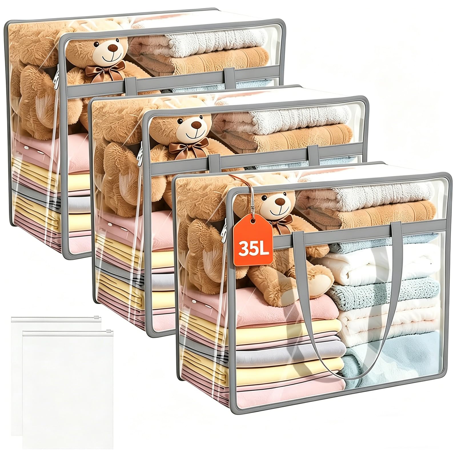 3 Pack Clear Clothes Storage Bags, 35L Plastic Storage Bag with Lid, Waterproof Clothes Organiser with Handle and Zipper, Clear Moving Bags Duvet Storage Bag for Comforter, Blanket, Bedding