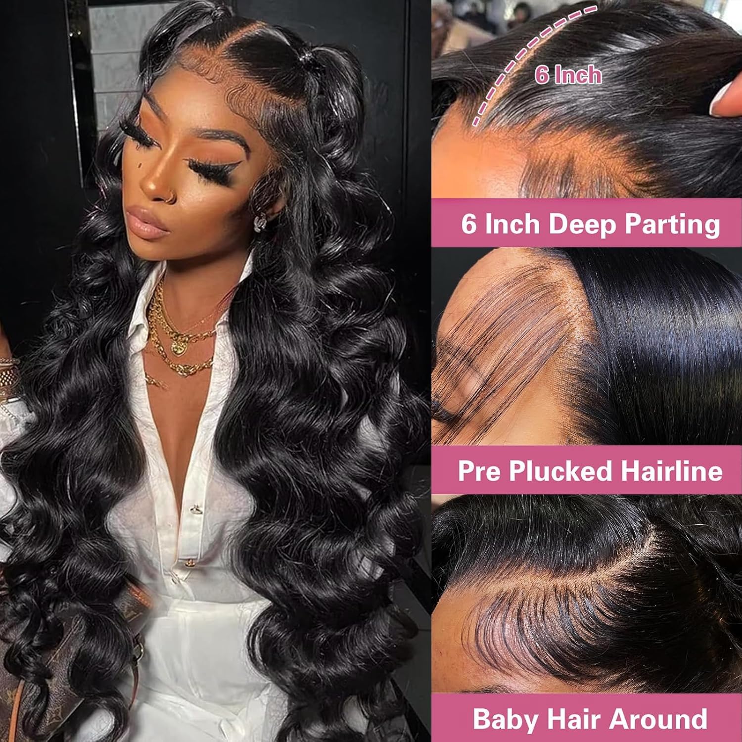 13x6 Body Wave Lace Front Wigs Human Hair Pre Plucked 220% Density HD Transparent Lace Frontal Wigs Human Hair Lace Front Wigs for Women With Baby Hair Wig (Black, 16 Inch)