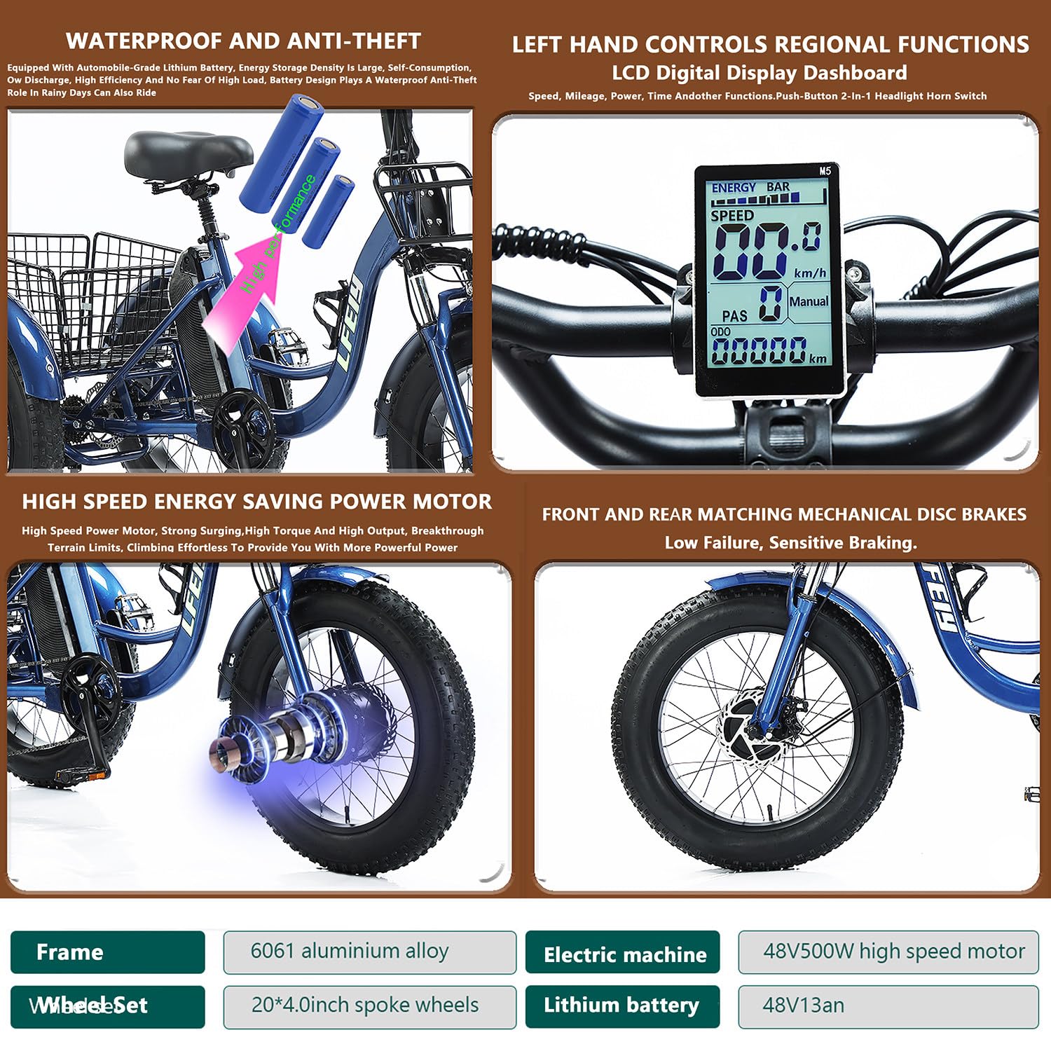 Triciclo Elettrico Adulti 20"x4.0" Fat Tire – 500W Motore, Batteria Rimovibile 48V 13Ah, Sospensioni, Luce LED, Grande Cestino Posteriore, Ideale per Tutti i Terreni, 30-40 km Blue