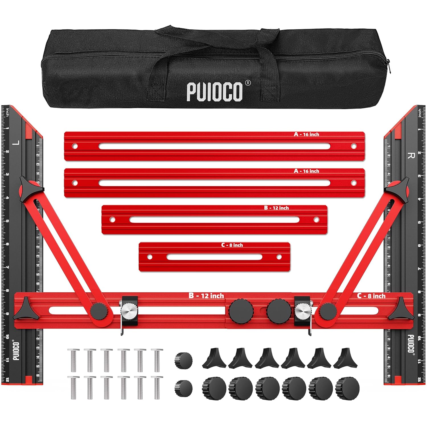 Stair Tread Template Tool, Stair Measuring Tool with Triangular Structure Brace and Edge Flip Stops, 8-72 in Solid Aluminum Alloy Stair Tread Jig for Accurately Measuring Stairs (Red)