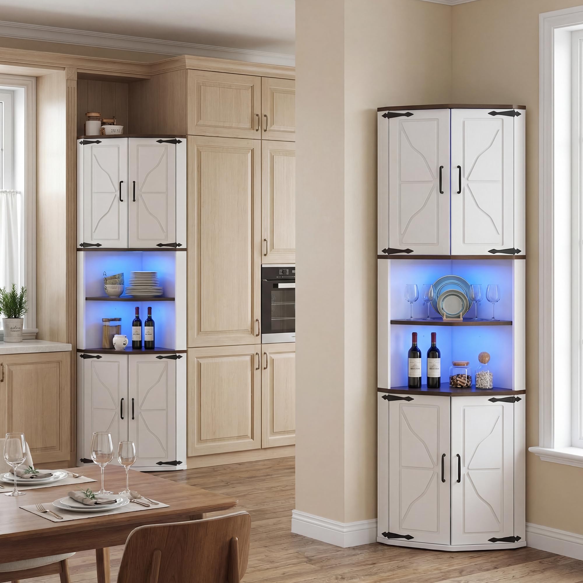 Eckschrank, Küchenschrank Hoch, LED Badezimmerschrank Schmal, Eckregal mit 4 Türen und 6 Ablageflächen, 165cm Aufbewahrungsschrank Holz, Hochschrank Buffetschrank für Küche, Wohnzimmer, Esszimmer