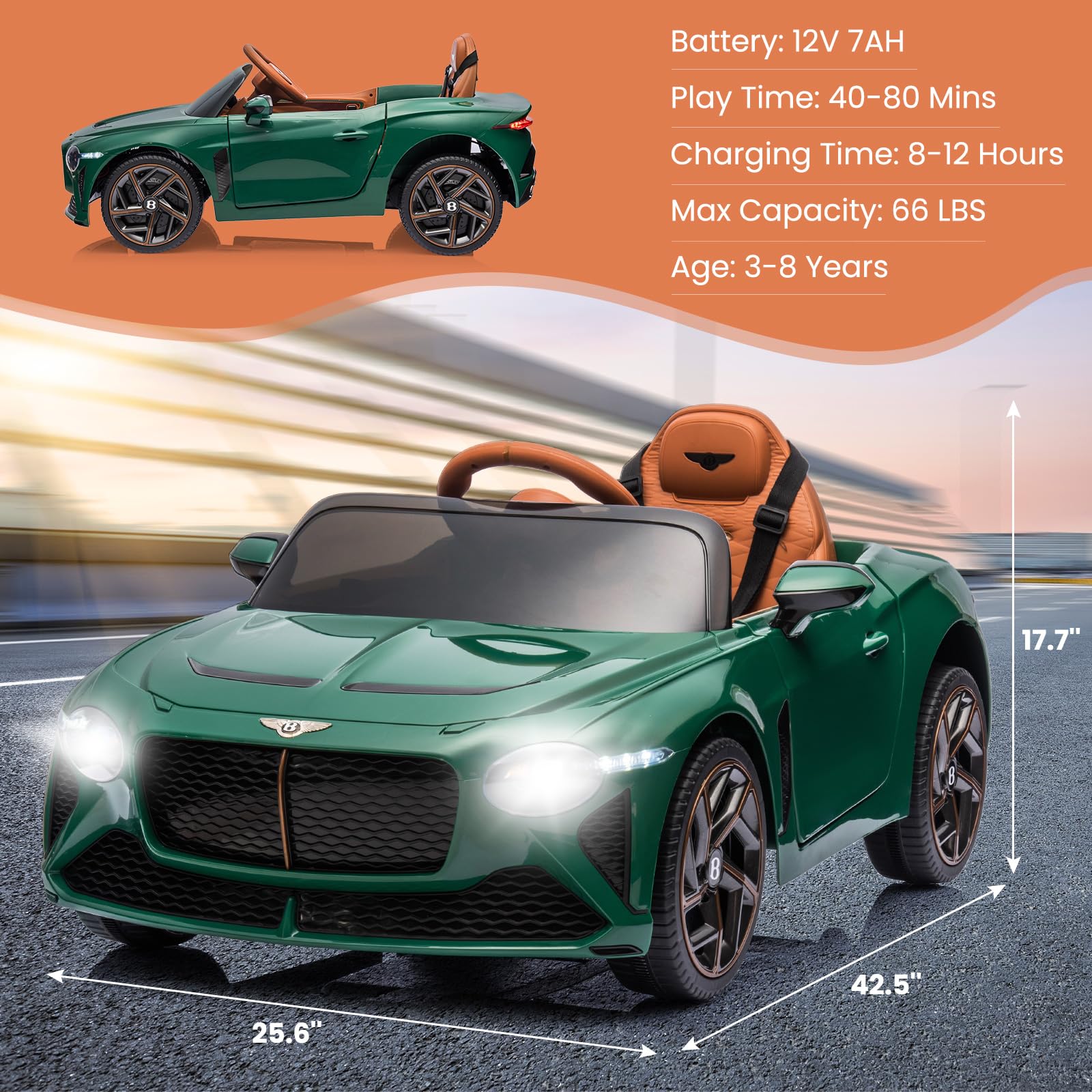 Kinder Elektroauto 12V - Liz. Bentley Kinderauto Mit Hydraulischen Türen, Fernbedienung Mit Notbremse & 3 Stufen, Soft-Start, LED, Musik, Bluetooth, USB, AUX, Hörgeschichten - Für 3-8 Jahre, Grün