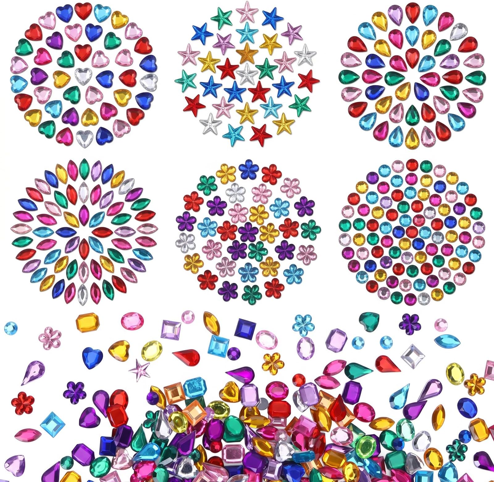 JPSOR 600pcs Rhinestones Crystal Gems for Crafts, Acrylic Flatback Rhinestones for Party Decorations, Crafting Embellishments Gemstone (6 Shapes)