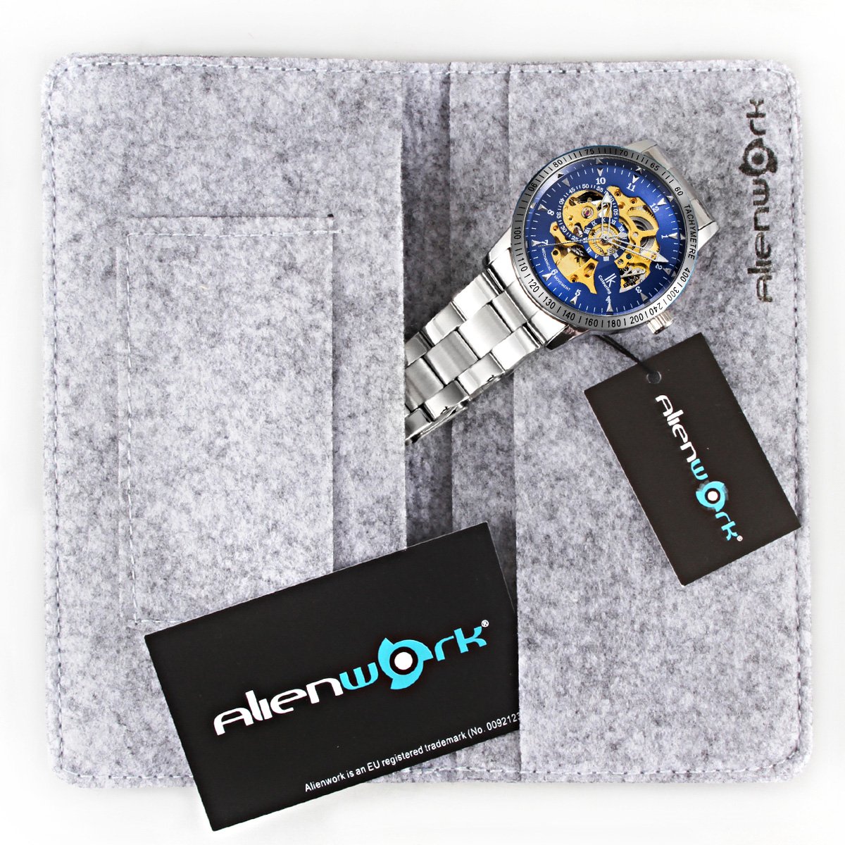 Alienwork IK Reloj Automático Hombre Mujer Plateado Pulsera de Metal Acero Azul Esqueleto