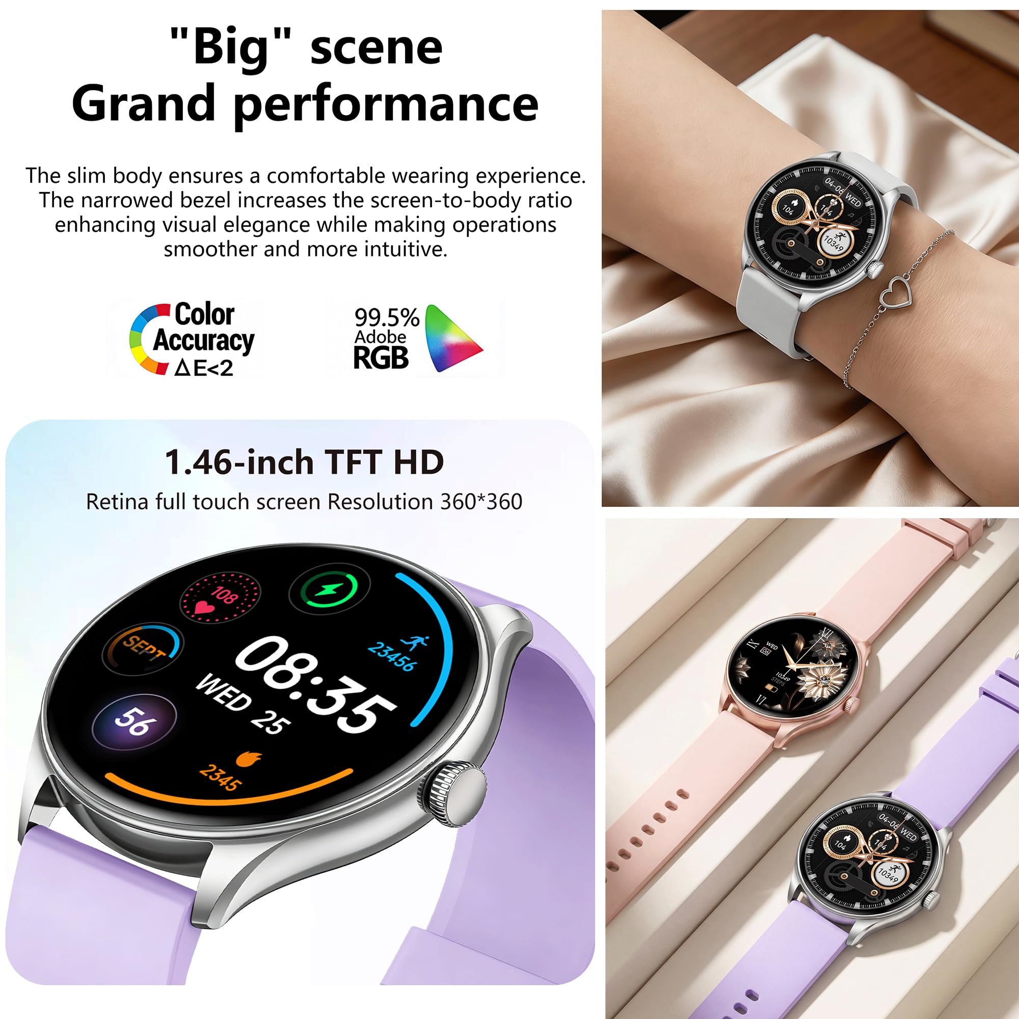 Montre Connectée Femme and Montre Homme avec Appels Bluetooth, Smartwatch Diamond avec 100+ Modes Sportifs/Fonction Féminine/Lecteur de Musique/Fréquence Cardiaque/Sommeil/ pour Android iOS (Argenté)