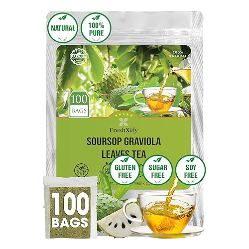 FreshXify 100 bolsas de té de guanábana prémium - Hoja de graviola 100% natural  Hoja Guanabana  Té de Guyabano - Sin cafeína, sin OMG - Bolsas de