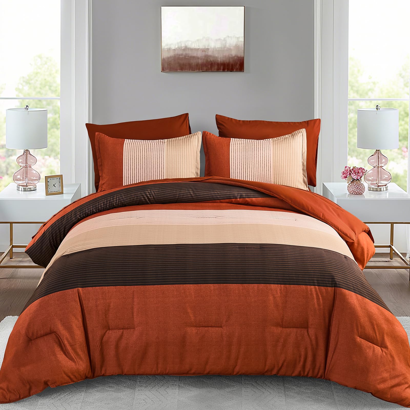 Anibedding Terracotta Queen Comforter Set 7 Pieces, Burnt Orange Bedding Comforter Set for All Season, Patchwork Striped Bed in a Bag with Sheets