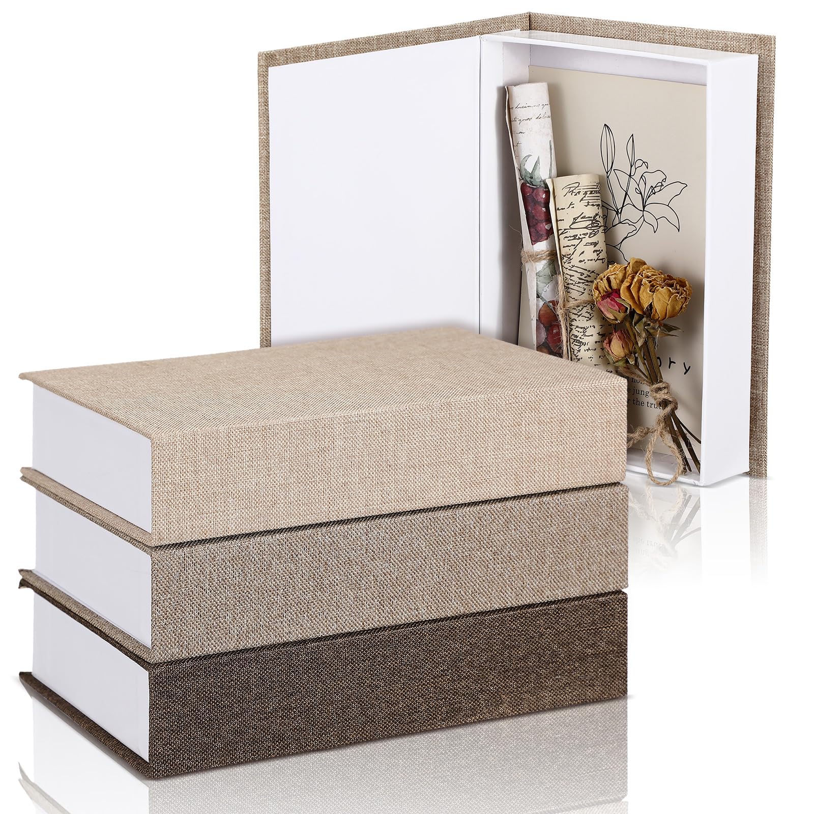 Tioncy 3 Pcs Decorative Linen Faux Book Box Set, Only Size, Neutral Brown