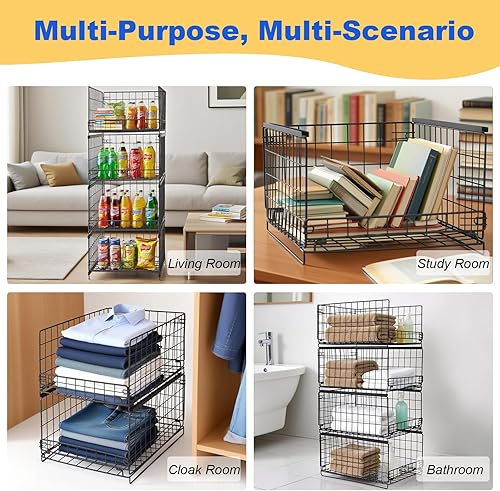 Miniatura 7 de Organizadores de almacenamiento apilables de 4 niveles, estantes de almacenamiento, cesta de ropa, organizador de estante de ropa para sala de