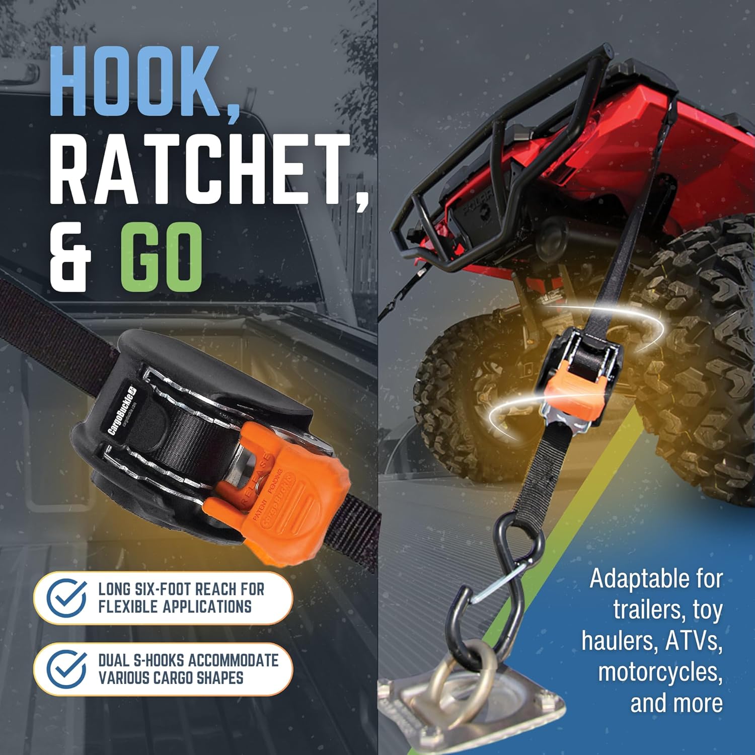 CargoBuckle Mini G3 Retractable Ratchet Straps with Dual S-Hooks, 1400 lbs Break Strength, 1-Inch Width X 6 ft Reach and F13454BK Soft Loop Hook Converter for Tie-Downs, (2-Pack)