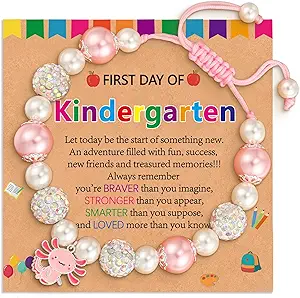 Back to School First Day of Kindergarten Bracelets Gifts Stuff for Girls Kids, Adjustable Axolotl Charm Pearl Bracelet Jewelry Gifts for Daughter Granddaughter