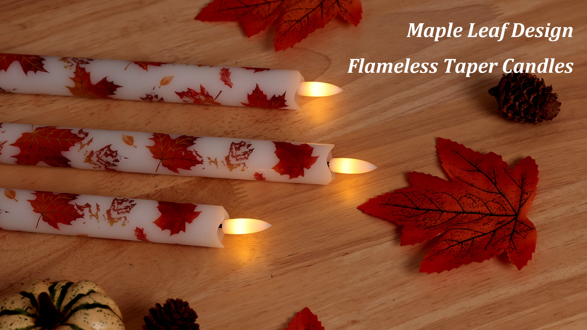 Image of JOIONE Maple Leaf Flameless Taper Candles with Remote, 3 Pack Fall Decor | Battery Operated LED, Maple Leaf Design, Real Wax, Remote Control, Warm Flickering Glow, Safe Fall Home & Party Decor