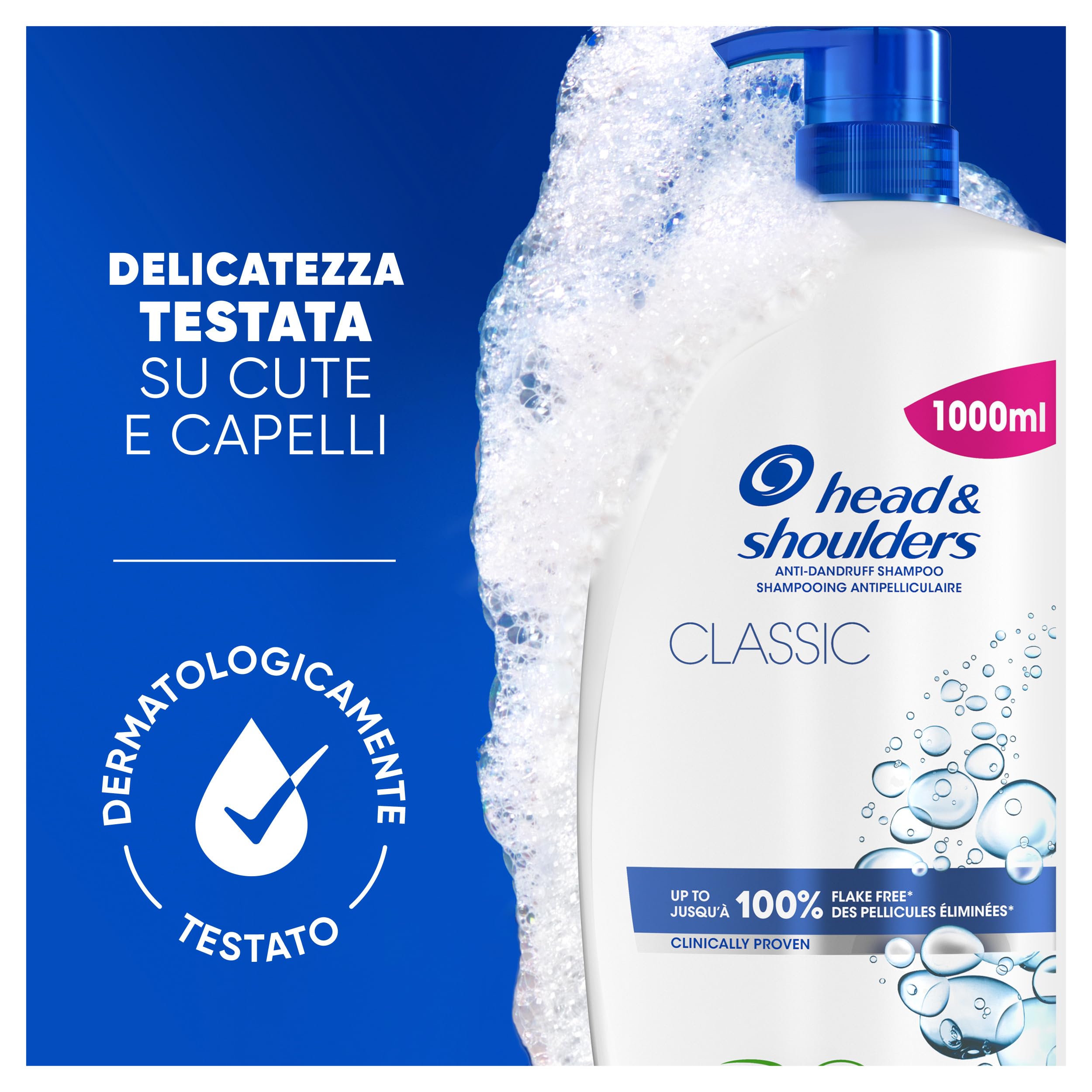 Head & Shoulders Shampoo Antiforfora Classic Clean 1000ml con Dosatore per Uso Quotidiano. Fino al 100% Protezione dalla Forfora. Clinicamente Testato. Per Tutti i Tipi di Cute e Capelli. Freschezza