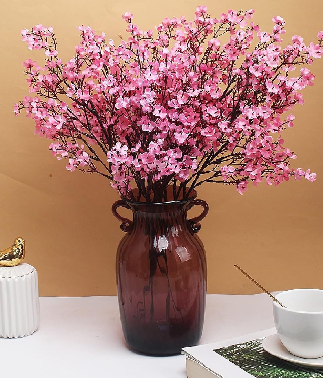 TIED RIBBONS Pack of 5 Artificial Baby Breath Gypsophila Flowers Bunches for Vase Pot (Pink) Home Décor Living Room Table, Diwali Decoration Items for Home, Diwali Gifts (Vase not Included) Silk