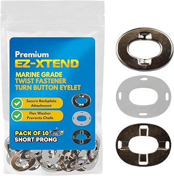 EZ-Xtend Fasteners Marine Grade, Twist Fastener Turn Button Eyelet for Canvas with Clinch Plate and Flex Washer Short Prong - 10 PK