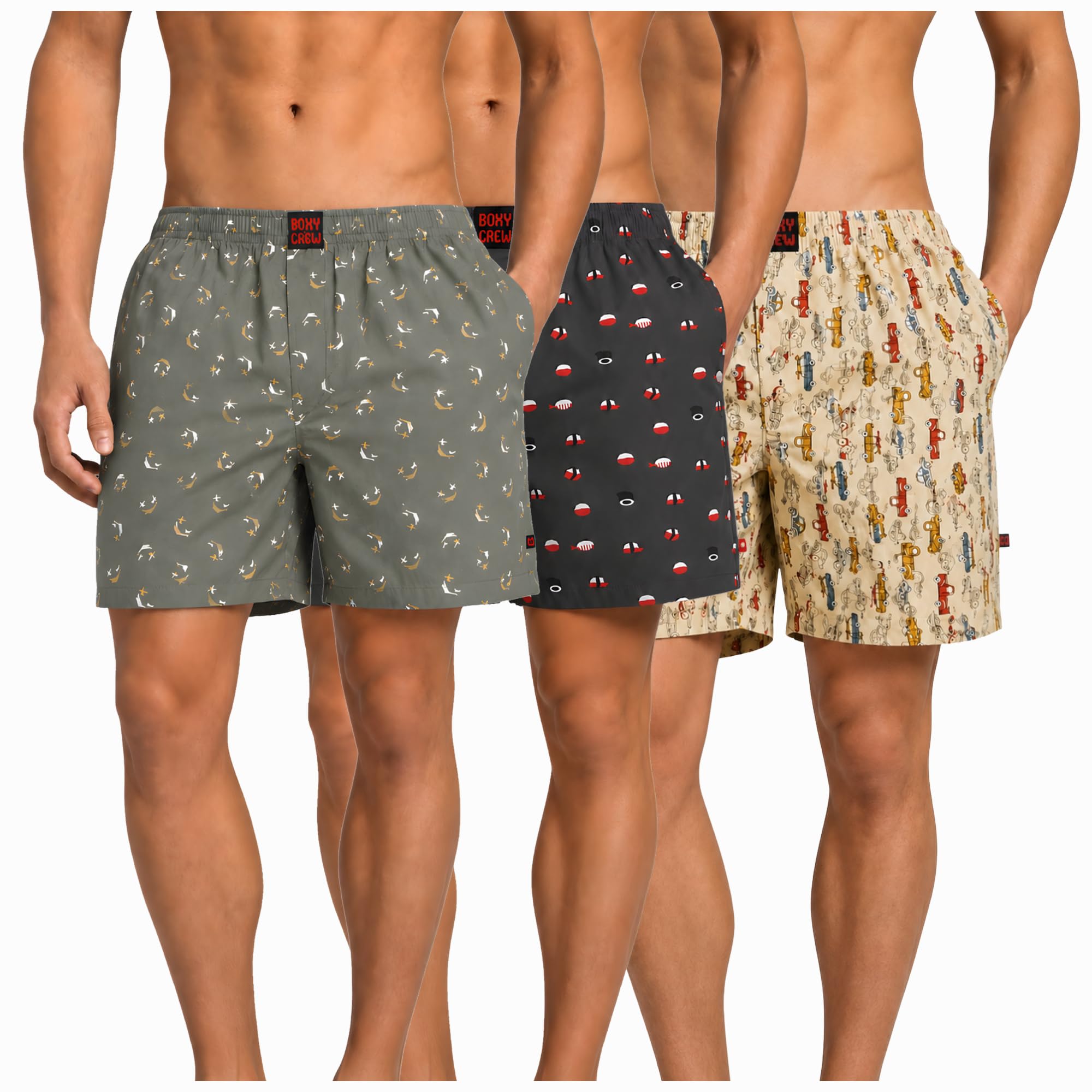 Men's 100% Cotton Boxer Shorts Pack of 3, Green, Charcoal & Beige | Woven Boxers with Side Pockets, No-Marks Elastic Waistband, Breathable Relaxed Fit | Style 008-012-013-image-42