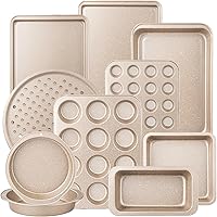 Terlulu 10-Piece Gold Nonstick Bakeware Set - Stackable Carbon Steel Baking Pans: Cookie Sheets, Muffin, Cake, Pizza, Loaf & Roasting Pans
