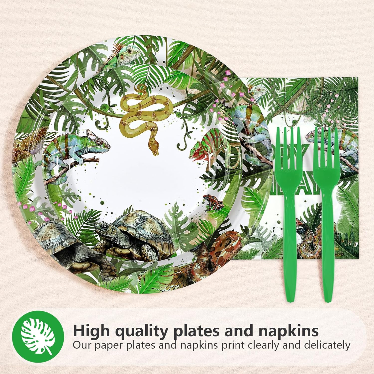 96Pcs Reptile Birthday Party Supplies Lizard Snake Turtle Birthday Party Plates and Napkins Green Reptile Wild Tableware Set for Tropical Wild Greenery Favors Serves 24 - Image 2
